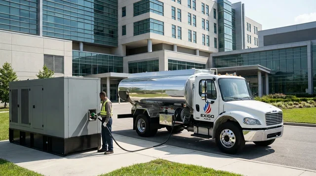 Exigo Fuels refueling a standby generator outside a hospital