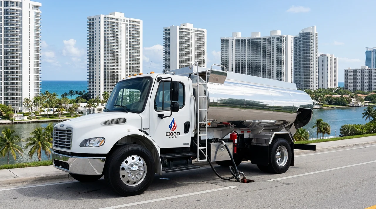 Exigo Fuels bobtail delivering fuel on-site in Aventura, Florida Exigo Fuels bobtail delivering fuel on-site in Aventura, Florida