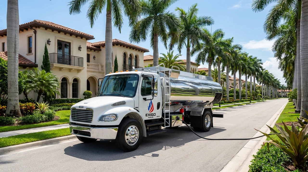 Exigo Fuels bobtail delivering fuel on-site in Boca Raton, Florida Exigo Fuels bobtail delivering fuel on-site in Boca Raton, Florida