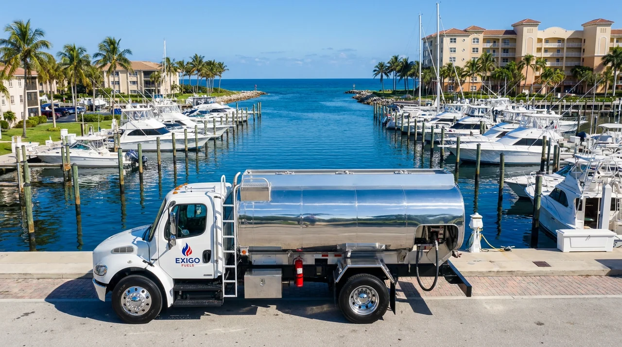 Exigo Fuels bobtail delivering fuel on-site in Boynton Beach, Florida Exigo Fuels bobtail delivering fuel on-site in Boynton Beach, Florida