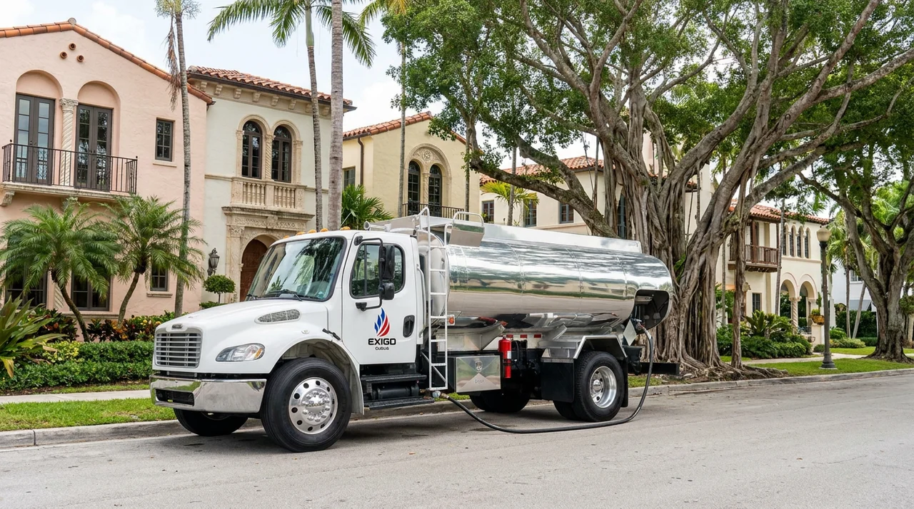 Exigo Fuels bobtail refueling a standby generator in Coral Gables, Florida