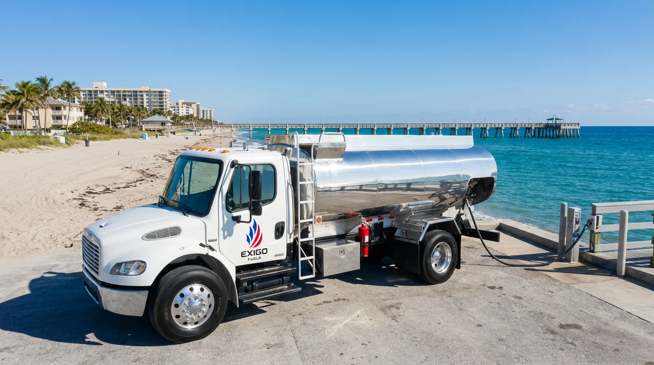 Exigo Fuels bobtail delivering fuel on-site in Deerfield Beach, Florida Exigo Fuels bobtail delivering fuel on-site in Deerfield Beach, Florida