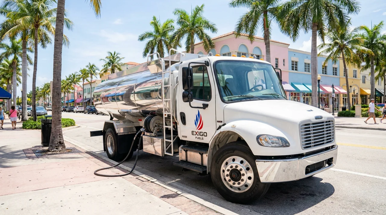 Exigo Fuels bobtail delivering fuel on-site in Delray Beach, Florida Exigo Fuels bobtail delivering fuel on-site in Delray Beach, Florida