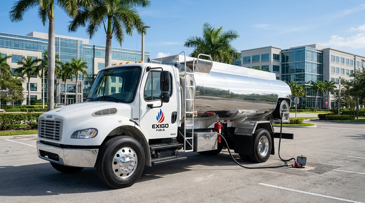 Exigo Fuels bobtail delivering fuel on-site in Doral, Florida Exigo Fuels bobtail delivering fuel on-site in Doral, Florida