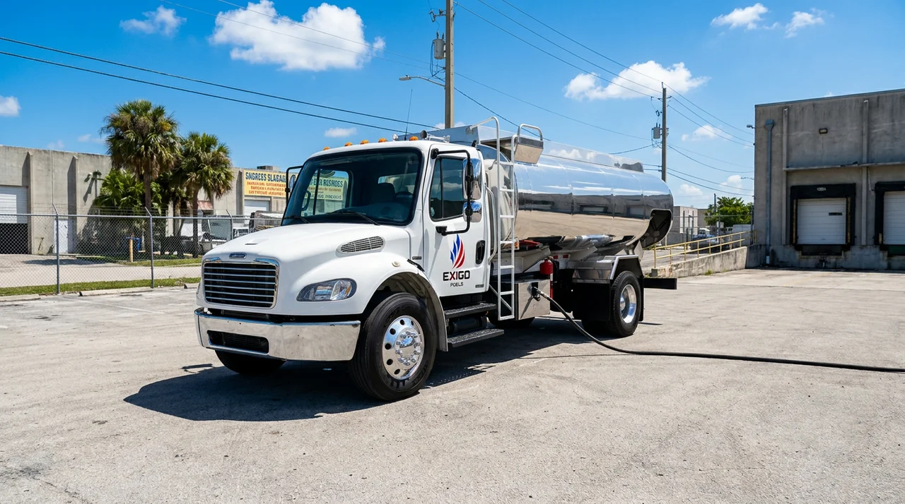 Exigo Fuels bobtail delivering fuel on-site in Hialeah, Florida Exigo Fuels bobtail delivering fuel on-site in Hialeah, Florida