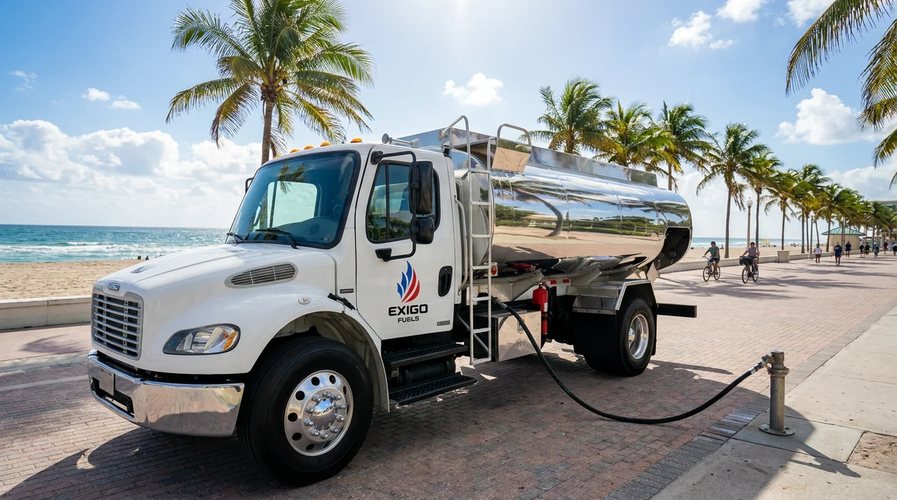 Exigo Fuels bobtail delivering fuel on-site in Hollywood, Florida Exigo Fuels bobtail delivering fuel on-site in Hollywood, Florida