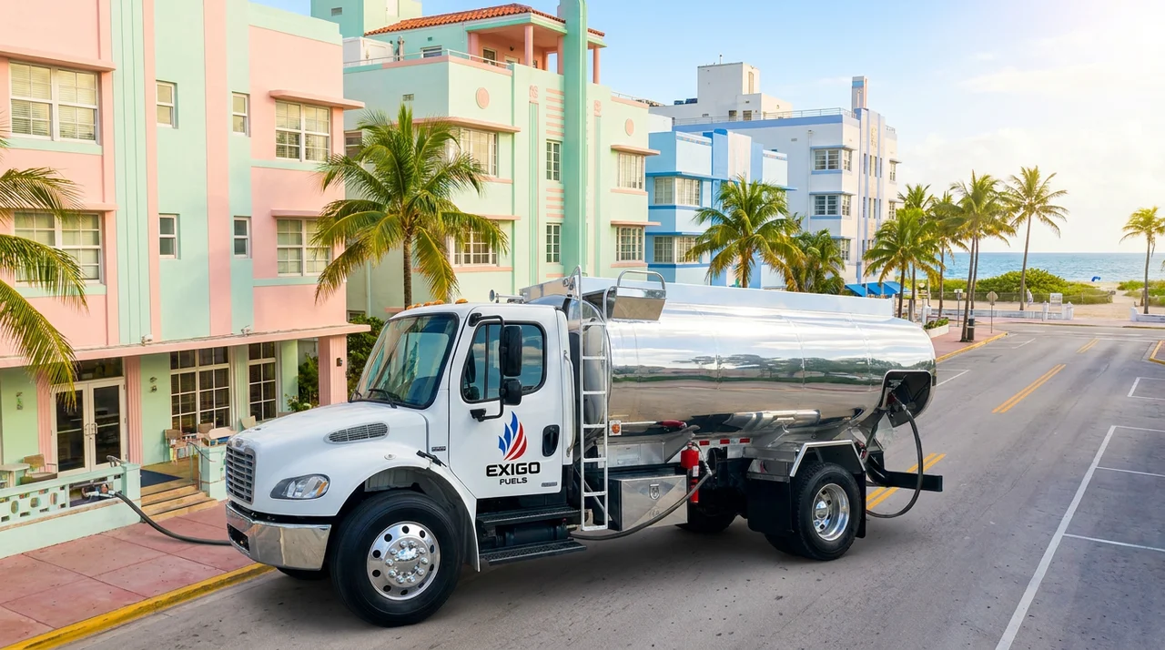 Exigo Fuels bobtail delivering fuel on-site in Miami Beach, Florida Exigo Fuels bobtail delivering fuel on-site in Miami Beach, Florida