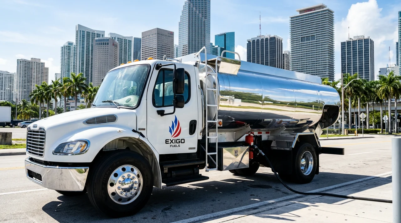 Exigo Fuels bobtail delivering fuel on-site in Miami, Florida Exigo Fuels bobtail delivering fuel on-site in Miami, Florida