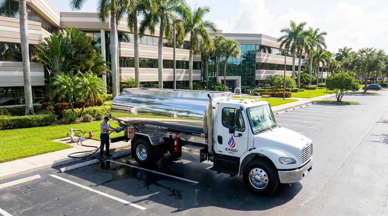 Exigo Fuels bobtail delivering fuel on-site in Plantation, Florida Exigo Fuels bobtail delivering fuel on-site in Plantation, Florida