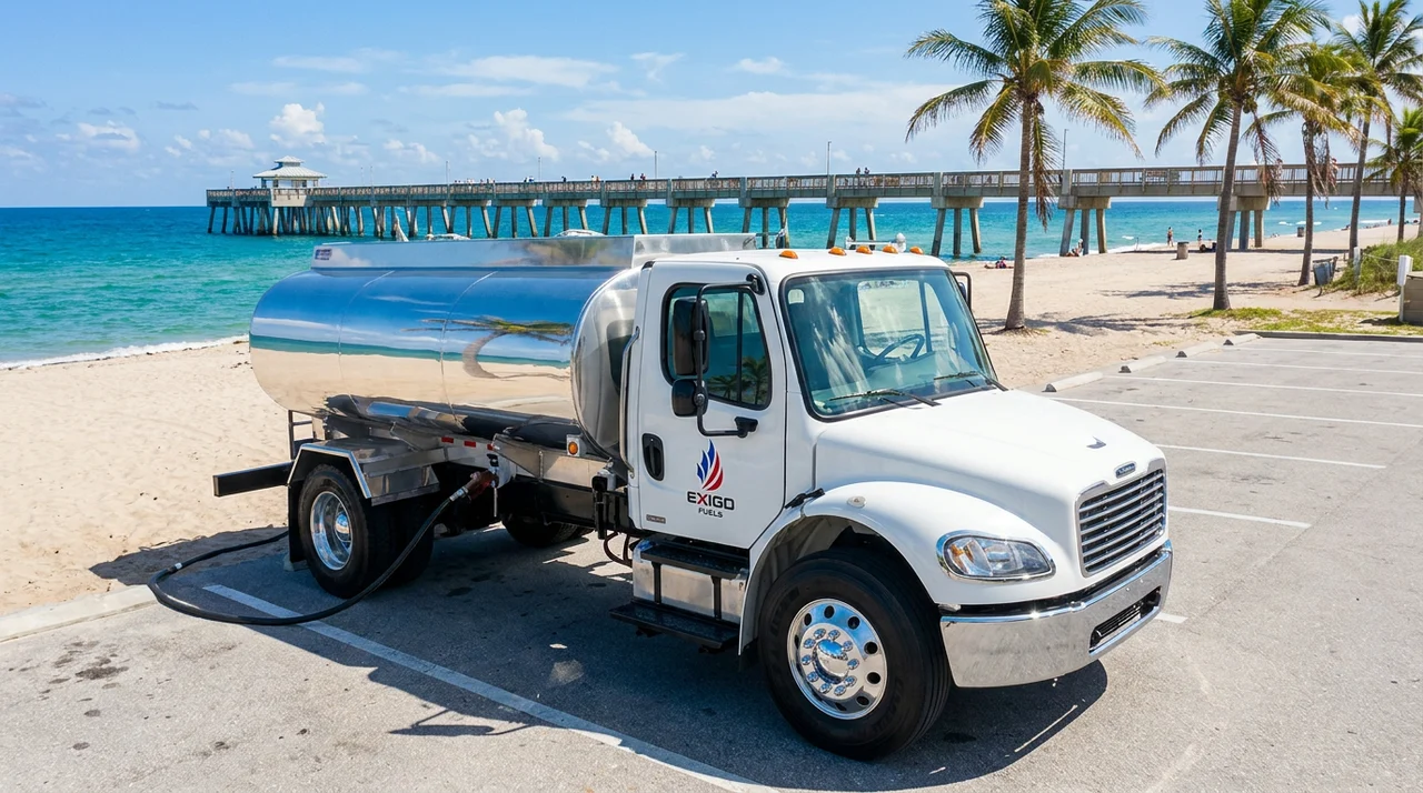 Exigo Fuels bobtail delivering fuel on-site in Pompano Beach, Florida Exigo Fuels bobtail delivering fuel on-site in Pompano Beach, Florida