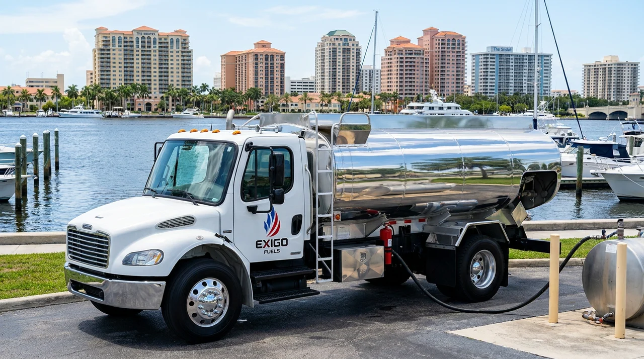 Exigo Fuels bobtail delivering fuel on-site in West Palm Beach, Florida Exigo Fuels bobtail delivering fuel on-site in West Palm Beach, Florida