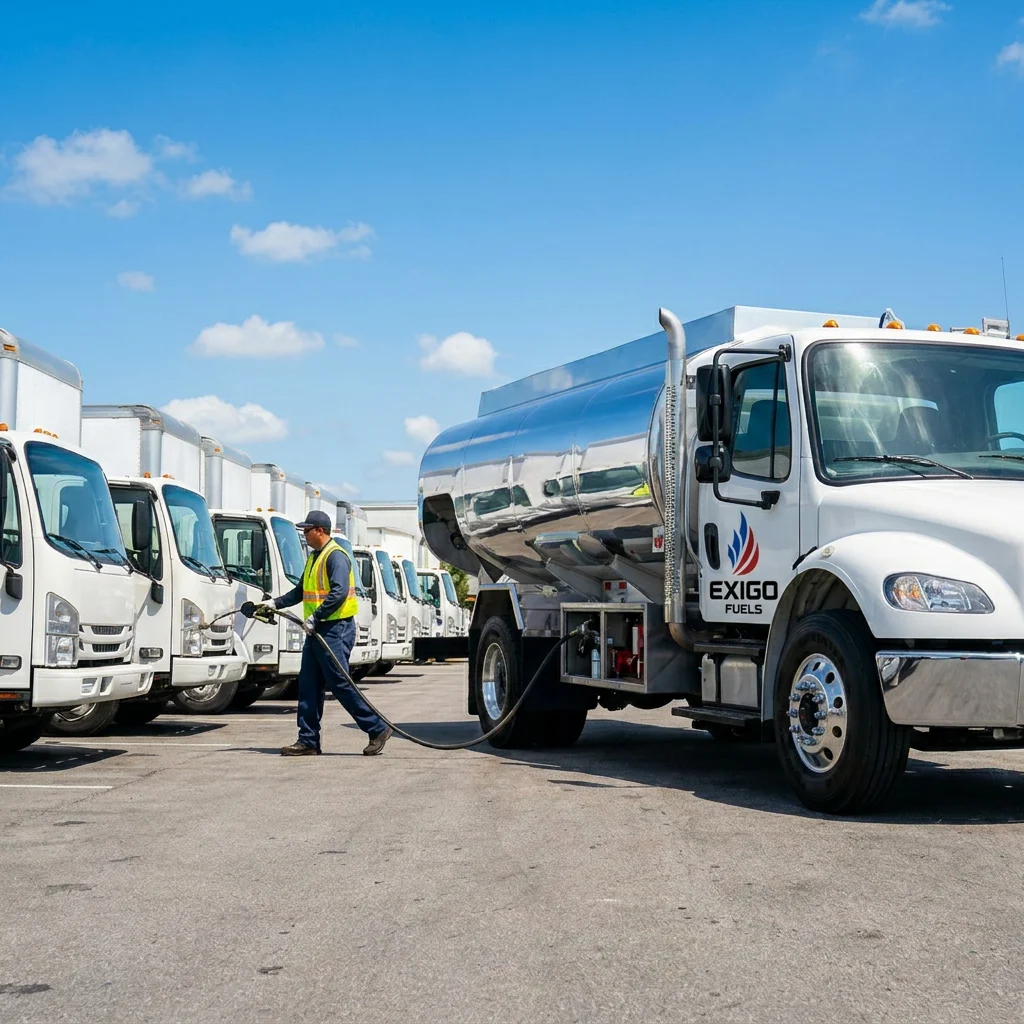 Exigo Fuels wet-hosing a commercial fleet at a depot at dawn Exigo Fuels wet-hosing a commercial fleet at a depot at dawn