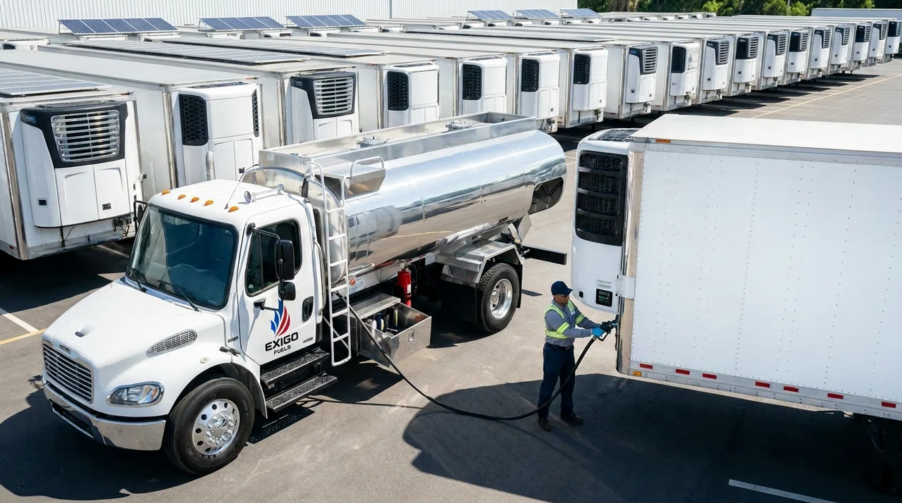 Exigo Fuels fueling refrigerated reefer trailers at a logistics yard Exigo Fuels fueling refrigerated reefer trailers at a logistics yard