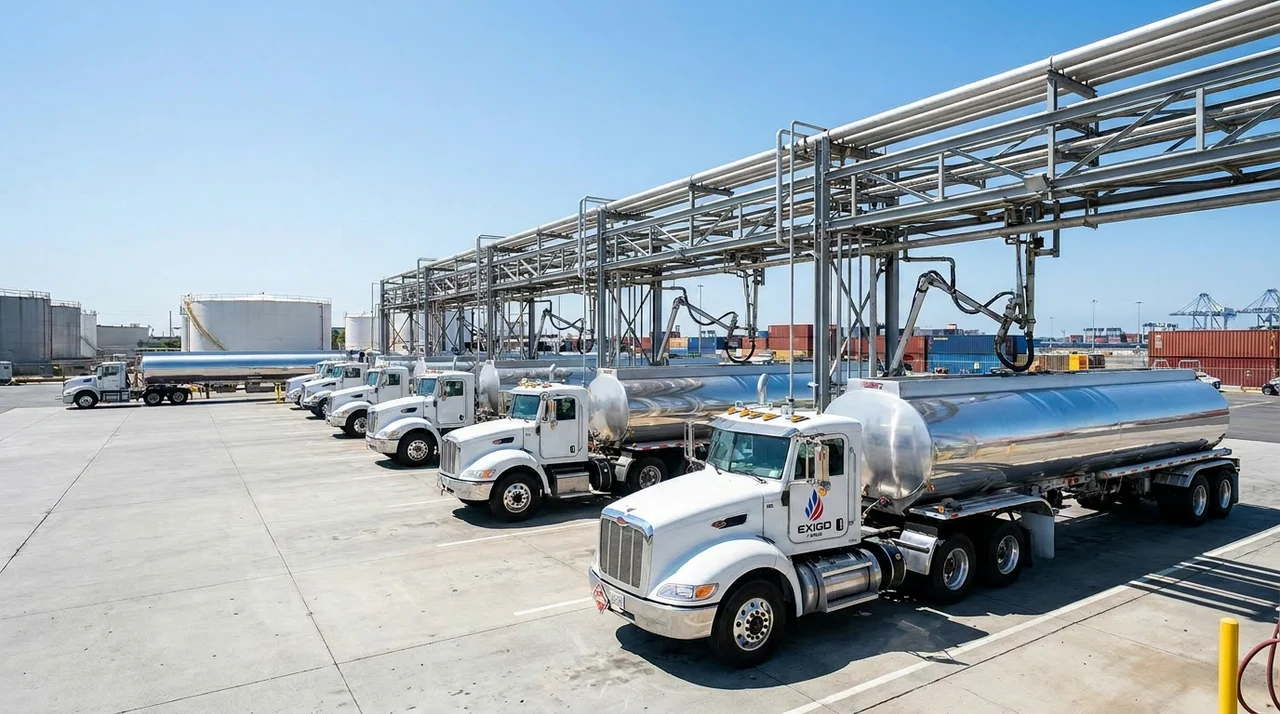 Exigo Fuels wholesale fuel tankers loading at a South Florida terminal